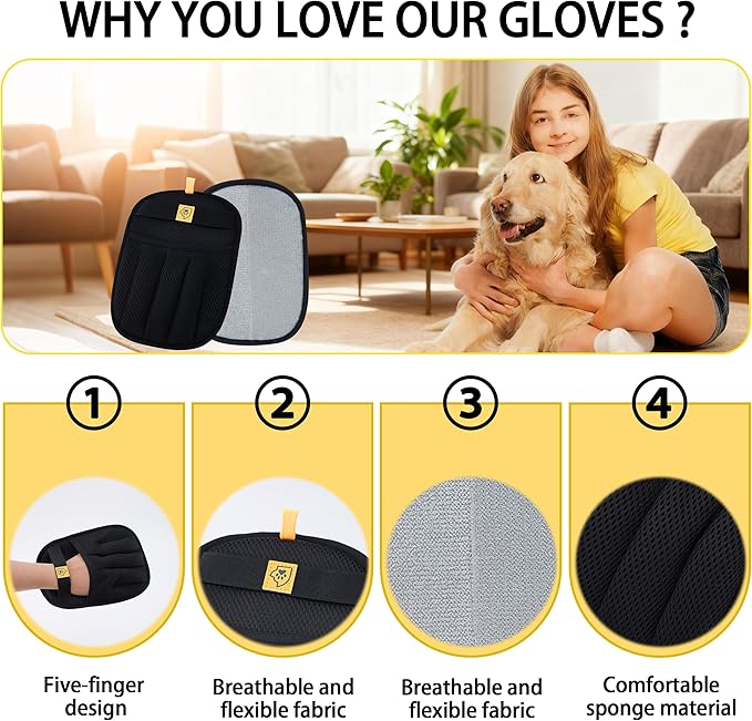 Upgraded | Pet Hair Removal Glove (Black, 1 Pc) – Reusable 5-Finger Electrostatic Fur Remover for Cats & Dogs – Washable Dog Hair Remover Glove for Car, Couch & Clothes – Pet Hair Remover