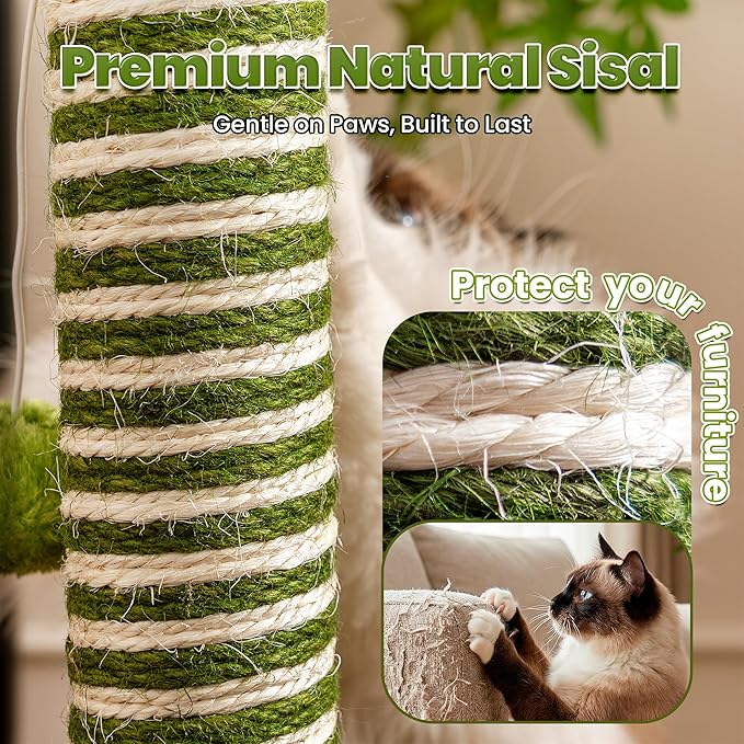 Cat Scratching Post 39'' Tall with Interactive Ball & Mouse Hole for Indoor Adult Cats, Sisal Rope Cat Tree Tower, Kitty Scratcher Furniture with Artificial Grass Tree for Kittens Cat Toys