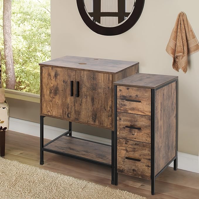 eclife 36" Bathroom Vanity Sink Combo Modern Metal Stand Cabinet W/Bottom Shelf & Storage Side Cabinet, Rustic Brown (Without Sink)