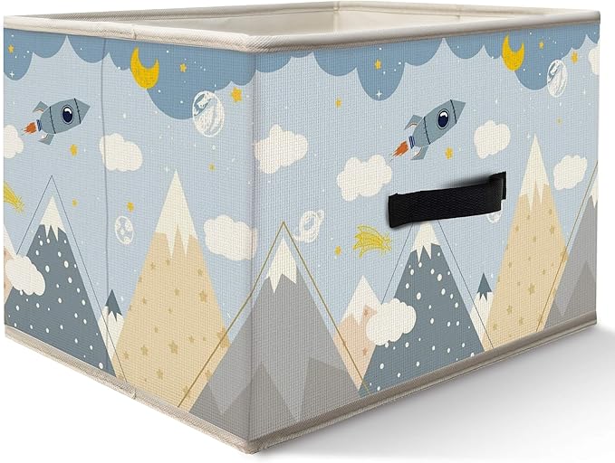 Nogrit Dreamy Rocket Mountain Storage Bins Box, Toybox for Boys, Light Blue Cosmic Foldable Baskets Organizer Container with Handles for Kids Boys Bedroom Bathroom Clothes Toys Books