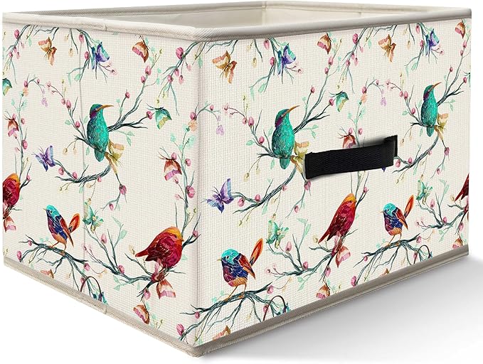 Nogrit Colorful Birds Storage Bins Box, Toybox for Girls, Floral Branches Butterfly Bird Foldable Baskets Organizer Container with Handles for Kids Girls Bedroom Bathroom Clothes Toys Books