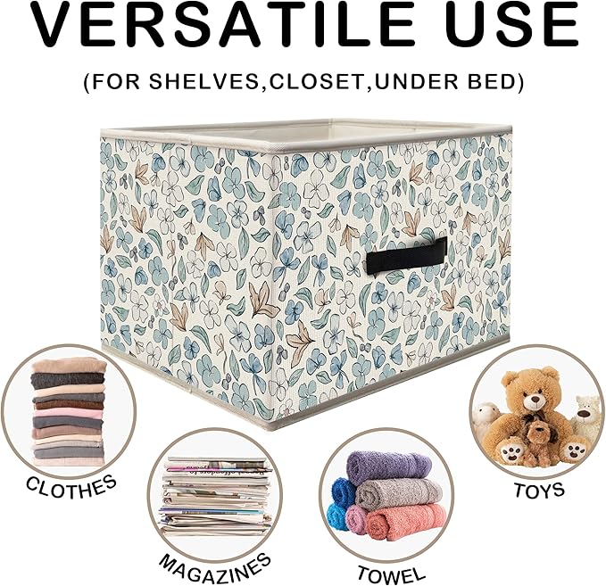 Nogrit Watercolor Floral Storage Bins Box, Toybox for Girls, Blue and White Flower Foldable Baskets Organizer Container with Handles for Girls Bedroom Dorm Bathroom Clothes Toys Books