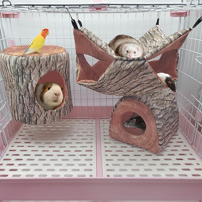Guinea Pig, Rat & Ferret Tree Hole Bed and Hammock Tunnel, Parrot Bird Hideout and Soft Bed