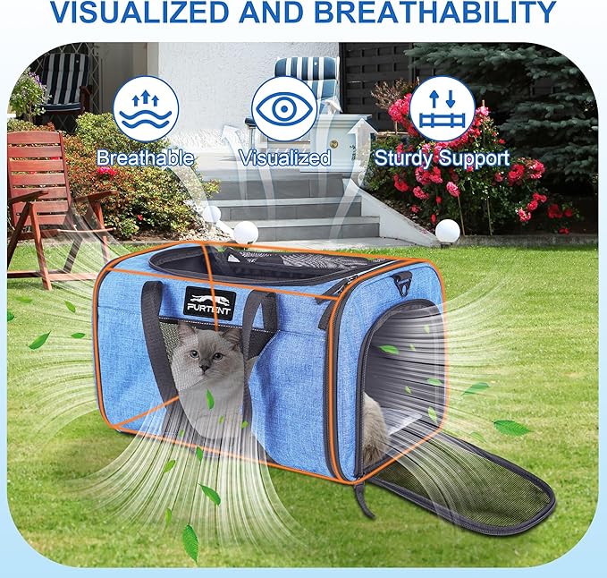 Cat Carrier with Wheels – Airline Approved Pet Travel Backpack, Soft-Sided Collapsible Rolling Carrier for Cats and Small Dogs, Expandable Top Loading Ventilated Design, Blue