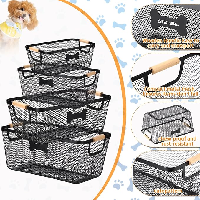 4 Pack Metal Dog Toy Storage Baskets with Wooden Handles, Chew Resistant Pet Organizer Bins for Dog Toys, Leashes, Accessories, Stackable Mesh Pet Storage for Home Outdoor