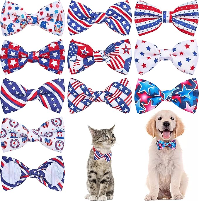 PET SHOW 10 Pack 4th of July Small Dog Bow Ties Sliding Collar Attachments Puppies Cats Patriotic Bowties for Medium Dogs US Flag Bowknots Pet Grooming Accessories for Independence Day