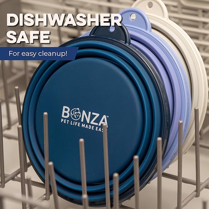 Bonza Collapsible Dog Bowl - Portable Travel Water Bowl for Dogs - Dishwasher Safe Silicone Pet Dish - Collapsible Pet Dish with Carabiner Clip - 50 Oz, X-Large, Navy Blue
