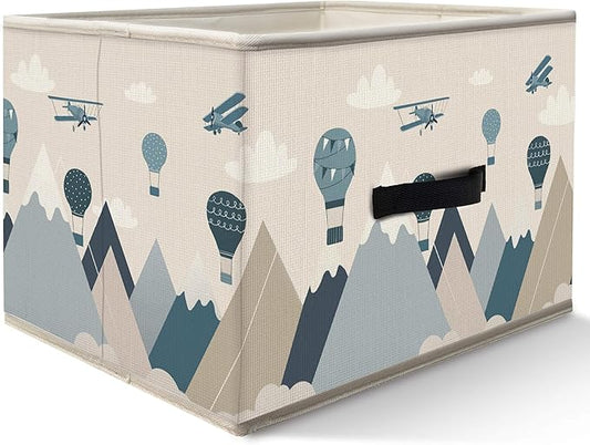 Nogrit Sky Adventure Storage Bins Box, Toybox for Boys, Blue Aircraft Hot Air Balloon Foldable Baskets Organizer Container with Handles for Kids Boys Bedroom Bathroom Clothes Toys Books