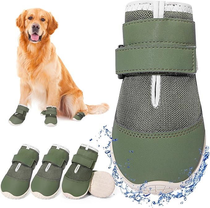 DcOaGt Dog Shoes for Large Dogs XXL,Mesh Breathable Dog Boots & Paw Protectors for Hot Pavement Summer Winter Snow, 360°Anti-Slip Dog Booties for Hiking/Walking,Military Green 4PCS(Size 9)