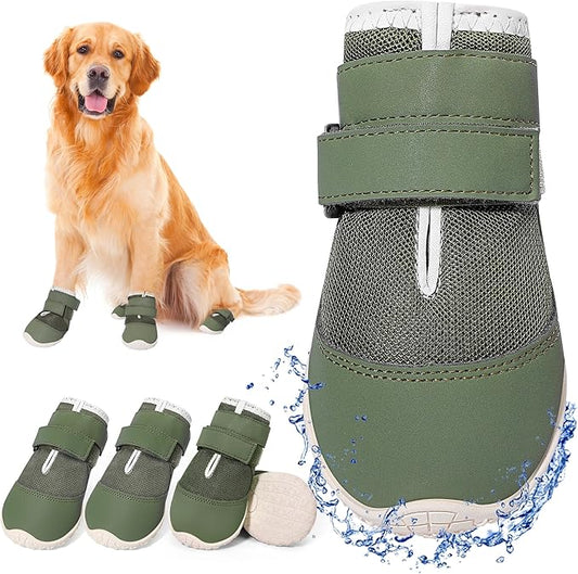 DcOaGt Dog Shoes for Large Dogs, Mesh Breathable Dog Boots & Paw Protectors for Hot Pavement Summer Winter Snow, 360° Anti-Slip Dog Booties for Hiking/Walking,Military Green 4PCS(Size 6)