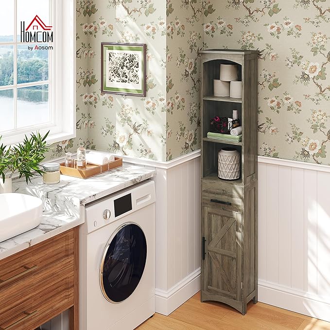 HOMCOM Tall Bathroom Storage Cabinet, Farmhouse Narrow Bathroom Storage Cabinet with Recessed Drawer and Barn Door, Linen Cabinet, Weathered Gray Oak