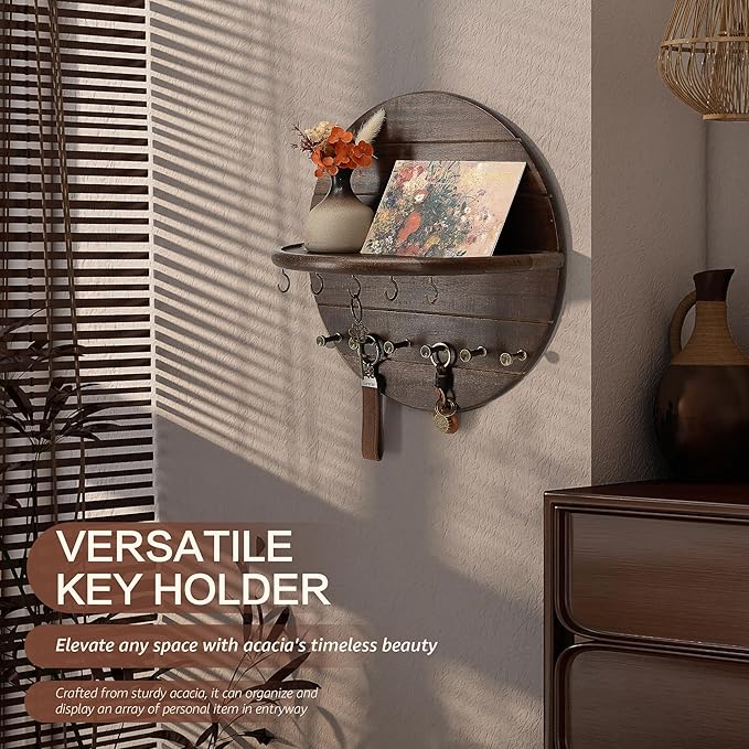 Rebee Vision Acacia Wood Decorative Key Holder Wall Mount for Home Decor- Farmhouse Round Key Holder for Wall with Shelf & 11 Hooks - Rustic Mail Organizer for Apartment Essentials (Dark Acacia)