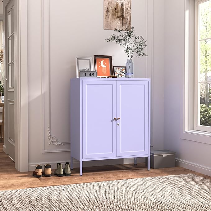 2-Door Lockable Metal Storage Cabinet, Square Stamped Steel Door with 2 Adjustable Shelves, Multifunctional Organizer for Home Office School, Purple 36" H X 31.5" W X 13.8" D
