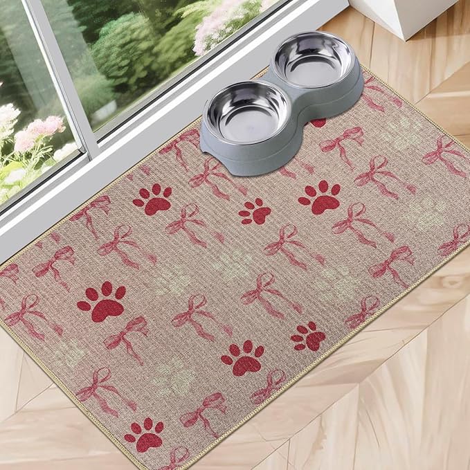 SHIYUE Dog Food Mats for Floors, Absorbent Cat Bowl for Food and Water, Non-Slip Accessories Pet Supplies(12"x20",Pink Bow Footprint)