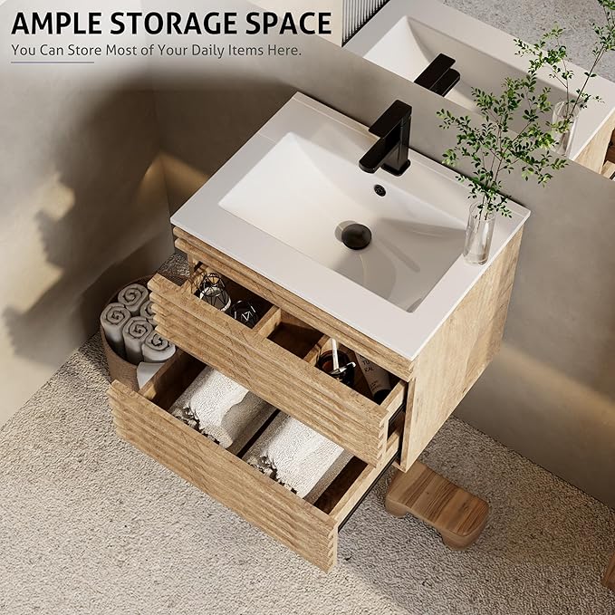 eclife 24" Floating Bathroom Vanity with Sink Combo Mid-Century Wall Mounted Cabinet with Wood Stripes Decor, Drawers, Undermount Sink, Faucet, Drain, Light Walnut