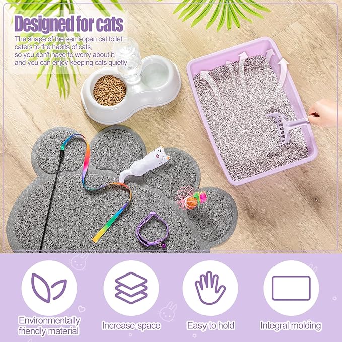 7 Pcs Small Cat Kitten Starter Kit Cat Litter Box with Shovel Paw Litter Mat Double Automatic Kitten Bowls Toy Teaser Stick Collar Essentials Kits for 1-3 Lbs Beginner(Simple,Purple)