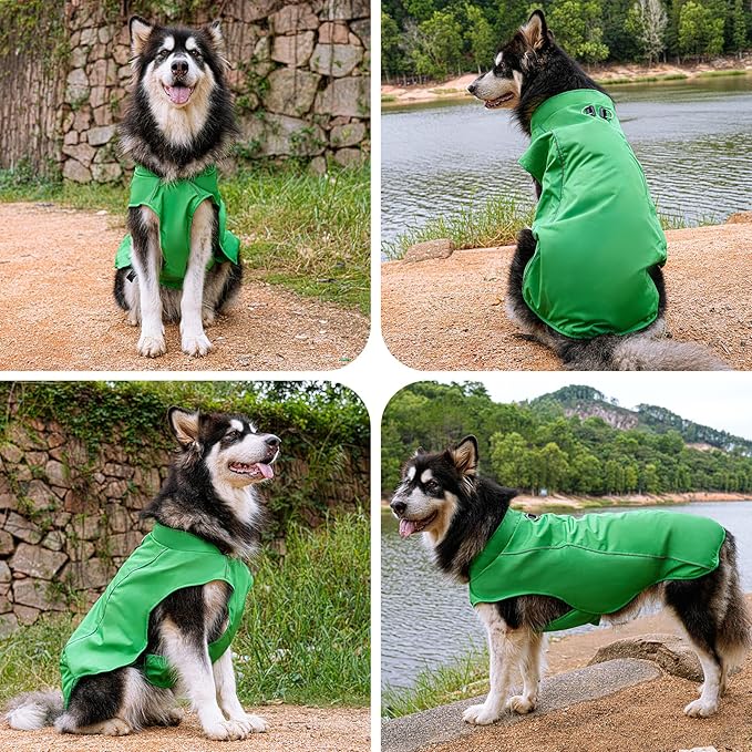 Outdoor Waterproof Dog Jacket for Large Dogs,Doggie Coats with Harness Buitl in D-Ring Warm Fleece Dog Clothes for Cold Winter,Green 3XL