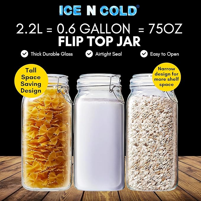 Airtight Glass Storage Jars with Clamp Lid – Food Storage Containers with Rubber Gasket Seal – Pantry & Kitchen Canisters for Dry Goods, Coffee, Sugar, Pasta – 0.4L to 4L Sizes (4, 75oz | 2.2L)