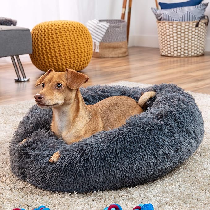 Best Choice Products 23in Dog Bed Self-Warming Plush Shag Fur Donut Calming Pet Bed Cuddler w/Water-Resistant Lining, Raised Rim - Gray
