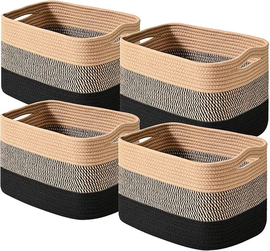 Storage Baskets for Shelves Organizing, Woven Cotton Rope Baskets for Storage, Book Basket, Towel Basket, 12.5"Lx9.1''Wx7.9''H (4 Packs) Gradient Black & Jute