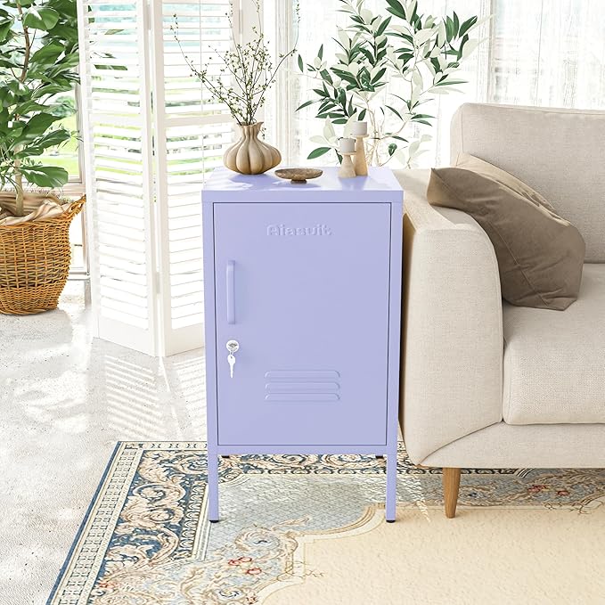 Single Door Lockable Metal End Table, 2-Tier Storage Cabinet with Adjustable Shelf, Easy Assembly Side Table for Living Room Bedroom Home Office, Purple 28" H x 13.8" W x 15" D