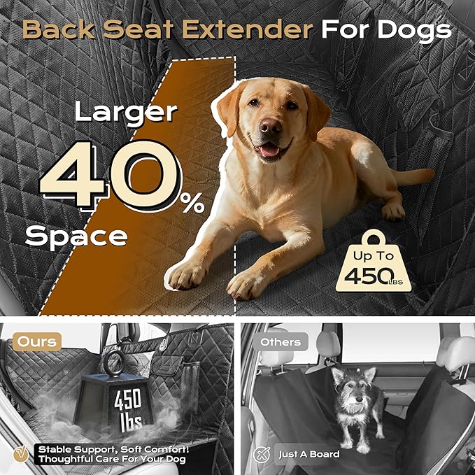 Dog Car Seat Cover for Back Seat, Scratch & Tear Resistant Hard Bottom Dog Hammock & Extender with 450LBS Support - Waterproof, Non-Slip, Full Seat & Door Protection for SUV, Truck, Sedan