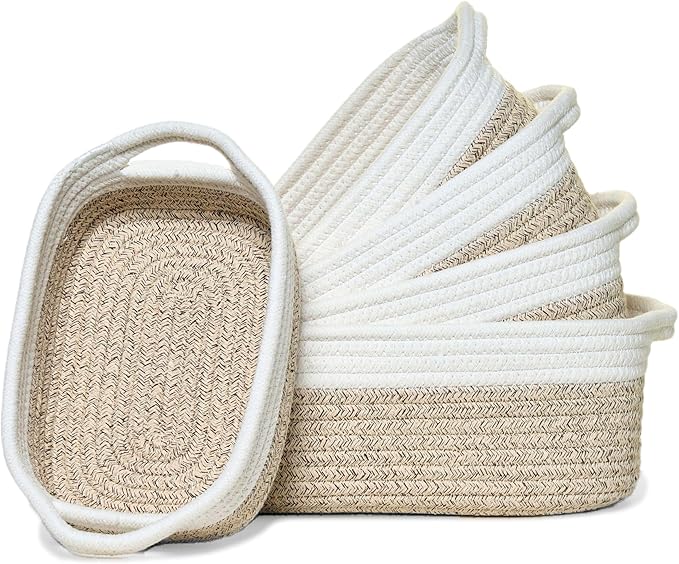 Storage Basket Set – 5-Piece Baskets for Organizing Home, Shelves, Nursery, Bathroom, Dog Toys, Small to Large Decorative Baskets – White and Mixed Brown