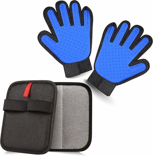 3-PCS Pet Grooming Set – 255-Tip Deshedding Gloves for Dogs & Cats, Gentle Massage Mitt & Hair Remover Brush (Left & Right Hand) + Electrostatic Pet Hair Remover Glove for Furniture & Clothes