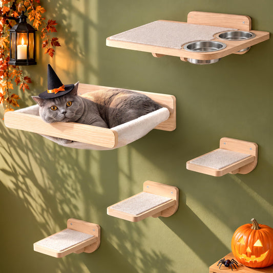 Cat Wall Shelves - Wall Mounted Cat Shelves with Feeding Station - Image 1