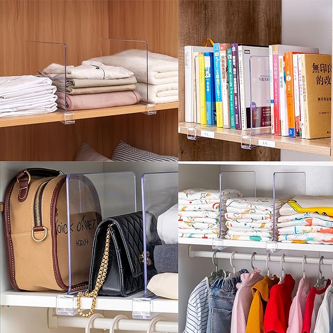Yieach 4 Pack Clear Acrylic Shelf Divider for Closet Organization - 9.2″ Tall Closet Dividers for Wood Shelves,Cupboard,Vertical Shelf Separators in Closet for T-Shirt,Purse,Handbag,Sweater Organizer