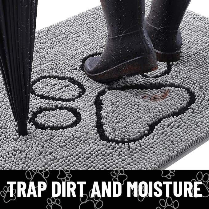Smiry Dog Door Mat for Muddy Paws, Absorbent Dirt Trapper Non Slip Quick Dry Washable Chenille Mat for Mud Dogs, Entry Rug for Indoor and Outdoor (70x35 Inches, Grey and Black)