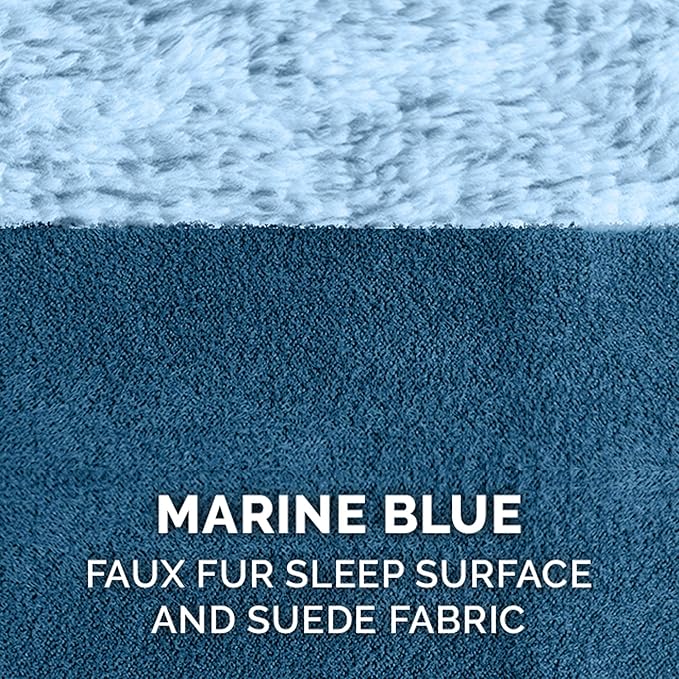 Furhaven Orthopedic Dog Bed for Large/Medium Dogs w/ Removable Bolsters & Washable Cover, For Dogs Up to 55 lbs - Two-Tone Plush Faux Fur & Suede L Shaped Chaise - Marine Blue, Large