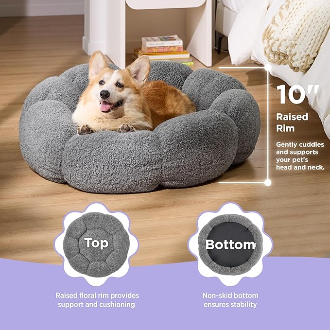 LE SURE Calming Large Dog Bed - Flower Donut Round Fluffy Puppy Bed in Plush Teddy Sherpa, Non-Slip Cute Flower Dog Beds, Large Pet Bed Fits up to 100 lbs, Machine Washable, Grey 36"