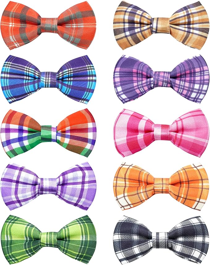 PET SHOW 10 Pack Plaid Big Dog Bow Ties for Large Medium Dogs Sliding Collar Attachments Classic Bowties Rainbow Bowknots Christmas Party Holiday Pet Grooming Accessories(Large)