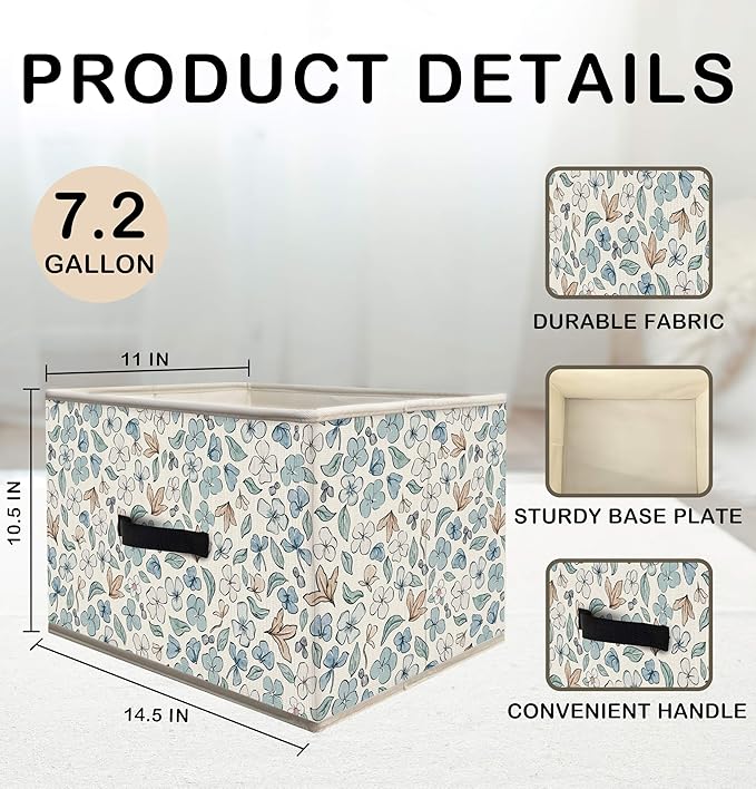 Nogrit Watercolor Floral Storage Bins Box, Toybox for Girls, Blue and White Flower Foldable Baskets Organizer Container with Handles for Girls Bedroom Dorm Bathroom Clothes Toys Books