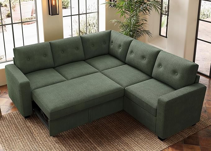 HONBAY 83.4 Inch U-Shaped Sectional Sleeper Sofa with Pull-Out Bed, 5-Seater Sectional Sofa for Living Room, Pet-Resistant Corduroy Couch, Green