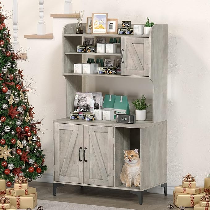 IDEALHOUSE Cat Litter Box Enclosure with Shelves and Doors,Wood Sturdy Hidden Litter Box Furniture,Indoor Cat House Furniture for Most of Litter Box,Litter Box Cabinet,Grey