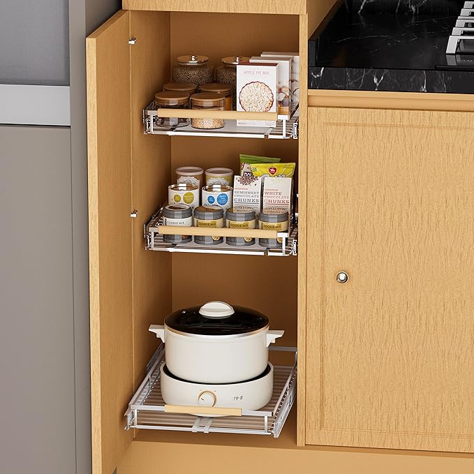 SANNO Expandable Pull Out Drawer Organizer and Storage, Cabinet Pots Pans Organizer Sliding Shelf Under Sink Shelf Dish Drying Rack with Stainless Steel Utensil Holder Large Dish Rack Drainer