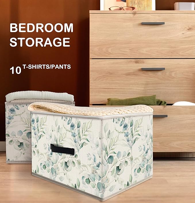 Nogrit Watercolor Botanical Storage Bins Box, Toybox for Girls Boys, Green Leafy Plant Foldable Baskets Organizer Container with Handles for Bedroom Bathroom Kids Room Dorm Clothes Toys Books
