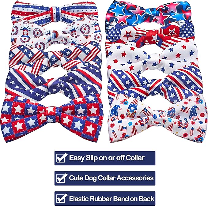 PET SHOW 10 Pack 4th of July Small Dog Bow Ties Sliding Collar Attachments Puppies Cats Patriotic Bowties for Medium Dogs US Flag Bowknots Pet Grooming Accessories for Independence Day