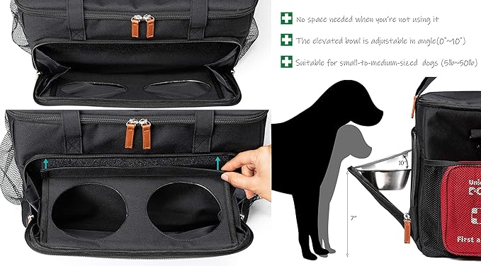 Unique Dog Travel Bag - Dog Traveling Luggage Set for Dogs Accessories - Include Pet First Aid Bag with Case Tags, Elevated Bowl Stand, 2X Food Storage Containers, 2X Dog Stainless Steel Bowls.