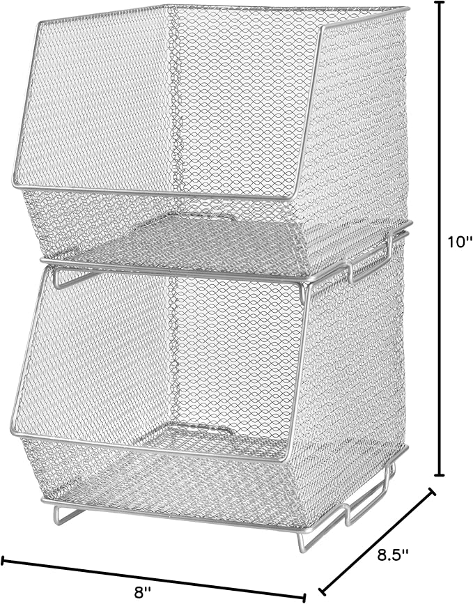 YBM Home Mesh Stacking Bin Storage Containers for Kitchen Pantry, Cabinet and Shelves, Metal Wire Basket Rack for Fruits and Veggies, Crafts, Toys & Cleaning Items - 1-Unit, Medium 10x8.5x8 Silver