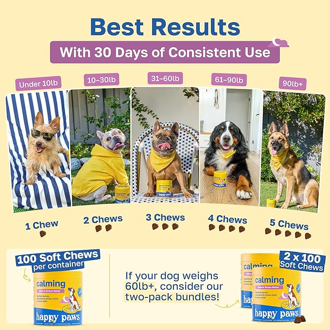 Happy Paws Calming Chews for Dogs, Relaxation & Anxiety Support for All Breeds & Ages, Dog Sleep Aid with L Theanine & Chamomile, Vegan Peanut Butter Flavor, Organic, Non GMO, 200 Soft Chews