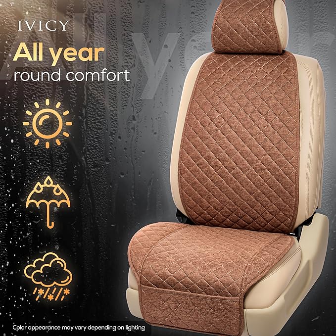 IVICY Faux Linen Car Seat Cover for Cars - Durable & Non-Slip - Front Car Seat Protector Covers for Most Automotive, Vans, SUVs, Trucks - 1 Unit – Light Brown