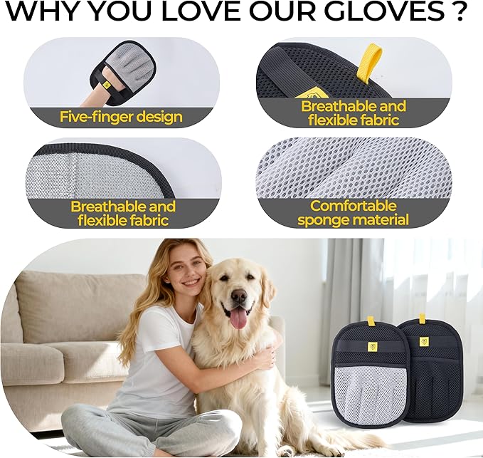 Pet Hair Removal Gloves (Grey/Black, 2 Pc) – Reusable 5-Finger Electrostatic Fur Remover for Cats & Dogs – Washable Short Hair Dog Shedding Gloves for Car Seats & Blankets