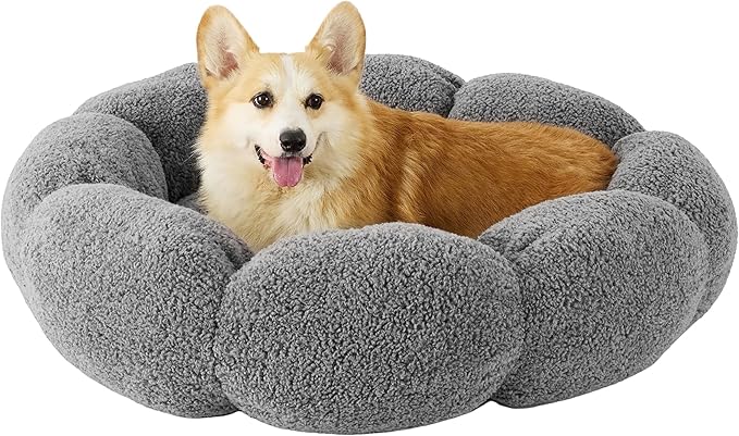 LE SURE Calming Large Dog Bed - Flower Donut Round Fluffy Puppy Bed in Plush Teddy Sherpa, Non-Slip Cute Flower Dog Beds, Large Pet Bed Fits up to 100 lbs, Machine Washable, Grey 36"