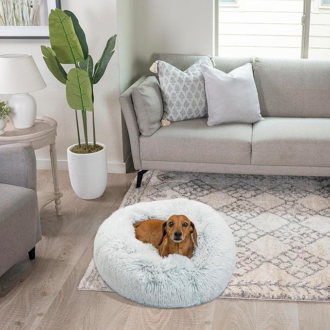 Best Friends by Sheri The Original Calming Donut Dog Bed – Washable Plush Pet Bed for Cats & Small Dogs up to 25 lbs, Shag Faux Fur, Frost Gray, Small (23" x 23")