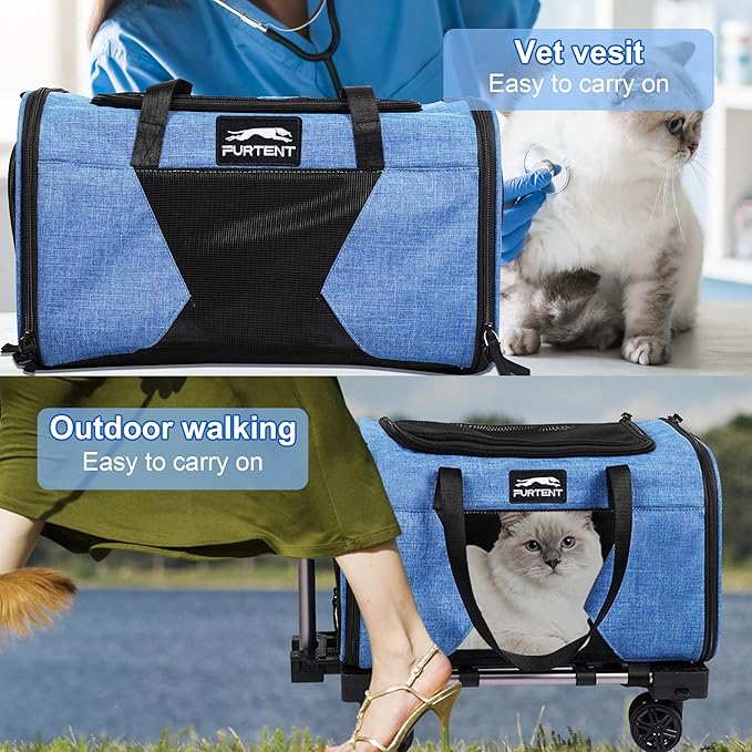 Cat Carrier with Wheels – Airline Approved Pet Travel Backpack, Soft-Sided Collapsible Rolling Carrier for Cats and Small Dogs, Expandable Top Loading Ventilated Design, Blue