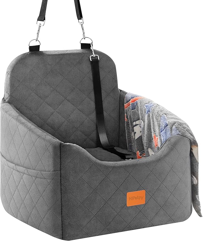 Dog Car Seat for Small Dog, Booster Seat for Dogs Under 30lb, Elevated Pet Seat with Pockets, Anti-Slip Bed for Car, Perfect for Front & Back Seats with Safety Leash (Grey, Medium)