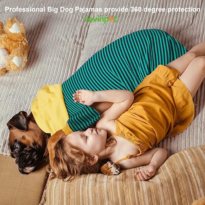 LovinPet Large Dog Pajamas, Cotton Green Stripe Dog Shirt, Pet Pajamas for Dogs, Onesies for Dogs, Stop Shedding for Dogs, Pitbull Shirt, Pet PJ's, XL